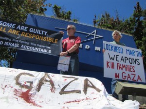 Monthly vigil at Lockheed Martin's Sunnyvale plant in August, 2014 drew attention to the corporation's involvement with Israel, supporting its war crimes with weapons and technology.